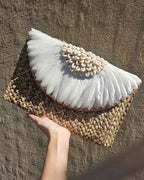 Faye Feather & Cowrie Shell Clutch White Seagrass Handcrafted Bag