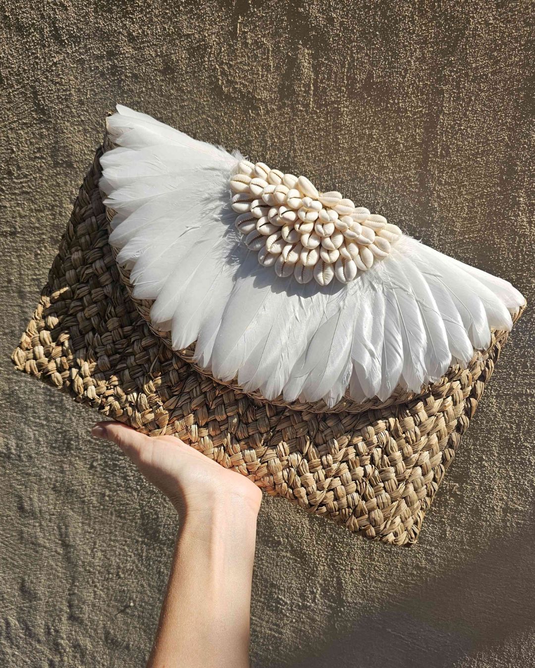 Faye Feather & Cowrie Shell Clutch White Seagrass Handcrafted Bag