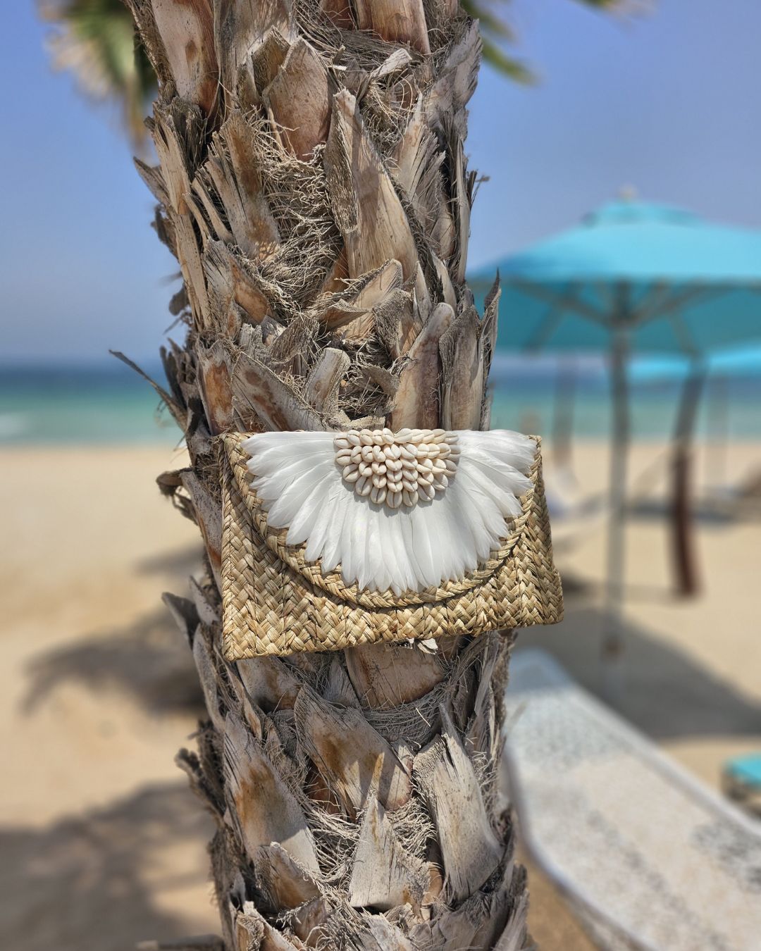 Faye Feather & Cowrie Shell Clutch White Seagrass Handcrafted Bag