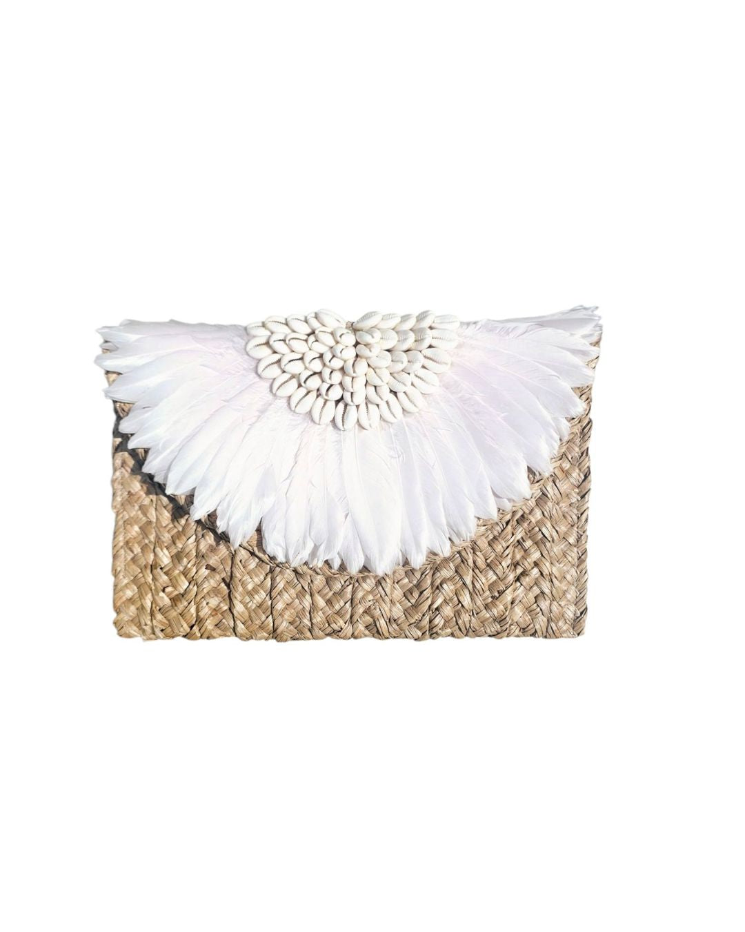 Faye Feather & Cowrie Shell Clutch White Seagrass Handcrafted Bag
