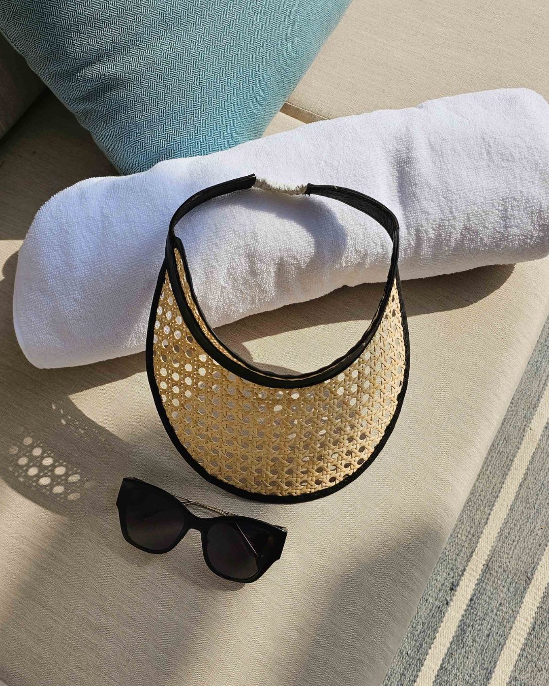 Fifi Black Handwoven Rattan Visor with Curved Leather Brim