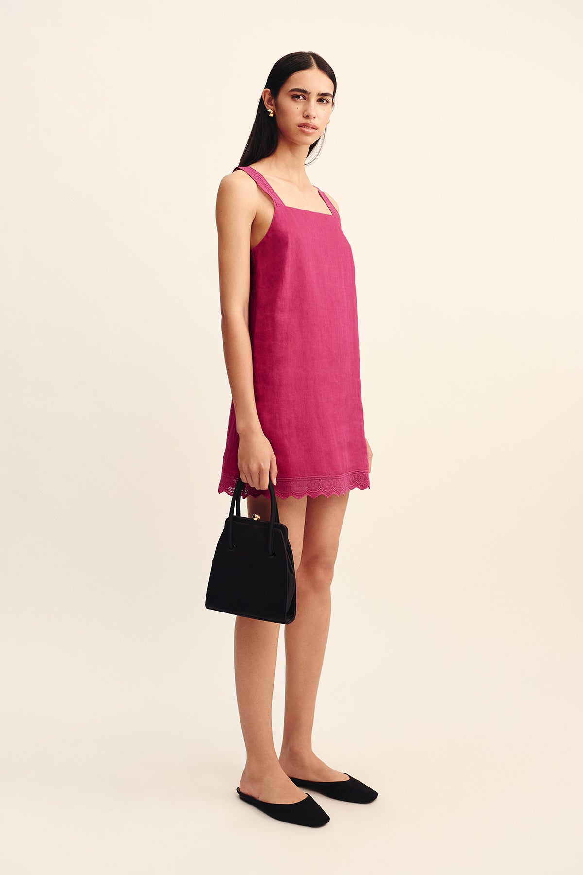 Elegant Grace Ramie A-Line Mini Dress with Square Neck and Lace Detail