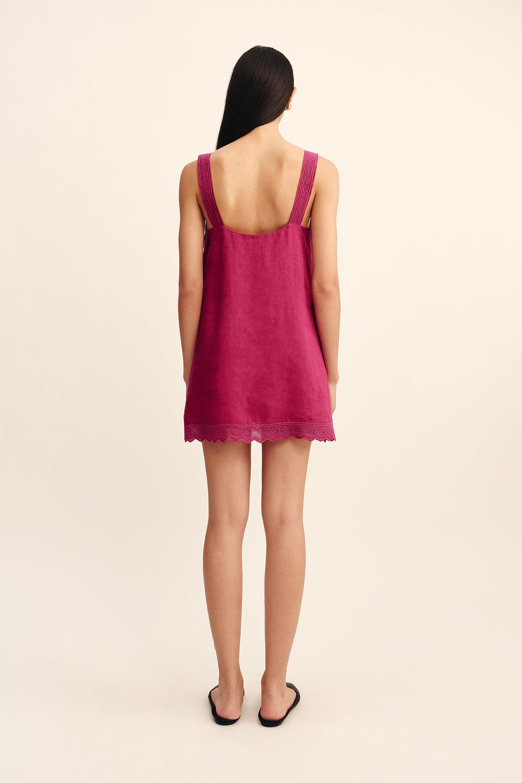 Elegant Grace Ramie A-Line Mini Dress with Square Neck and Lace Detail