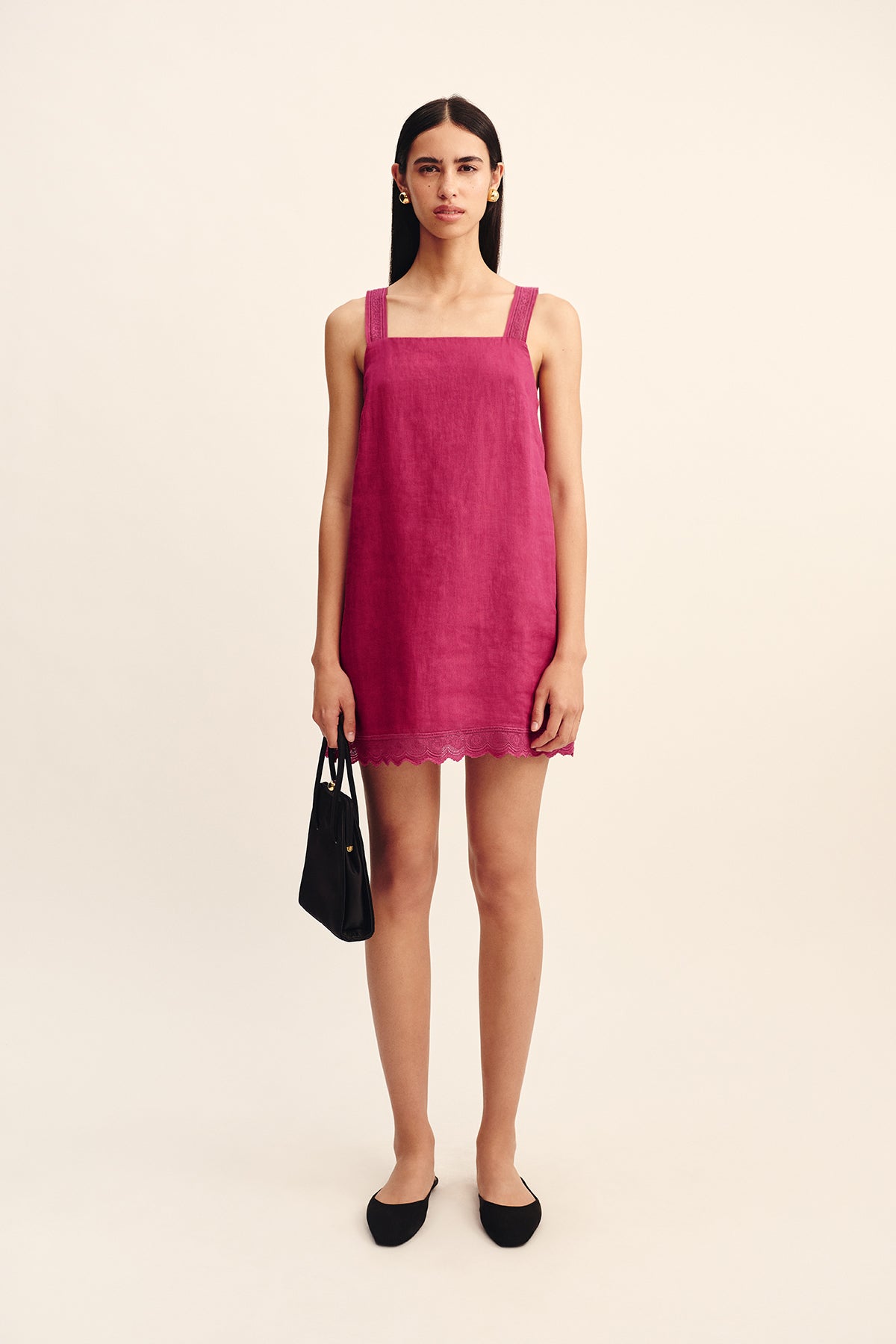 Elegant Grace Ramie A-Line Mini Dress with Square Neck and Lace Detail