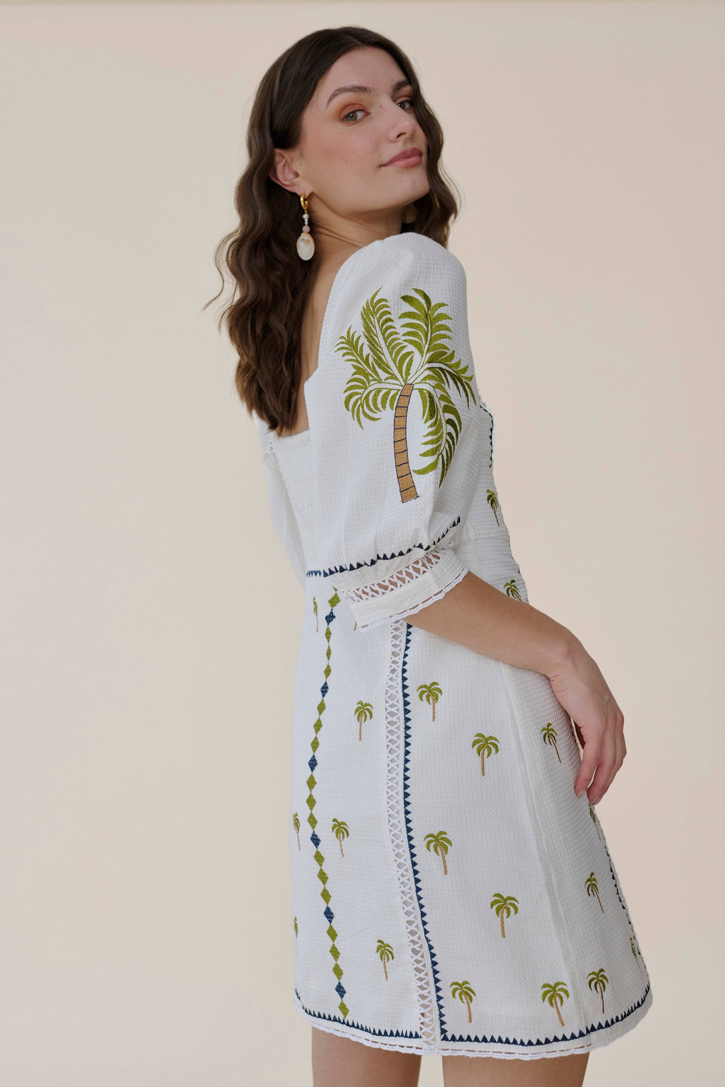 Halle Dress Lightweight Hand-Embroidered Cotton Basket-Weave Midi Elegant
