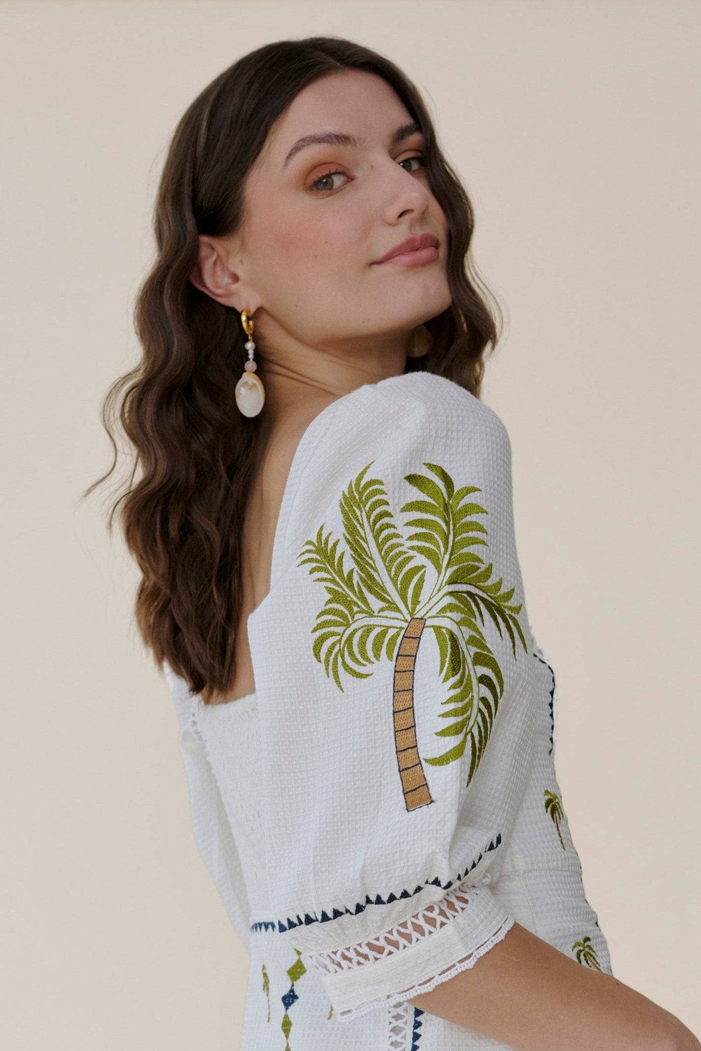 Halle Dress Lightweight Hand-Embroidered Cotton Basket-Weave Midi Elegant