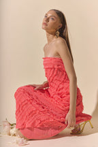Strapless Ruffled Maxi Dress Pleated Chiffon Bias-Cut Lined Side-Zipper Evening