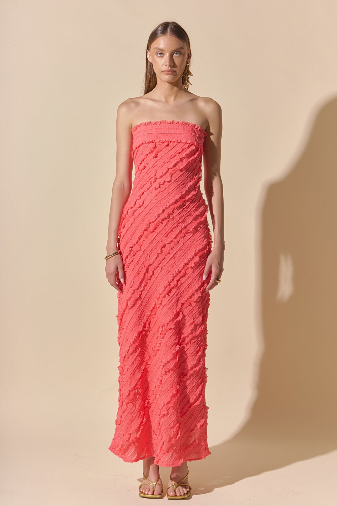 Strapless Ruffled Maxi Dress Pleated Chiffon Bias-Cut Lined Side-Zipper Evening