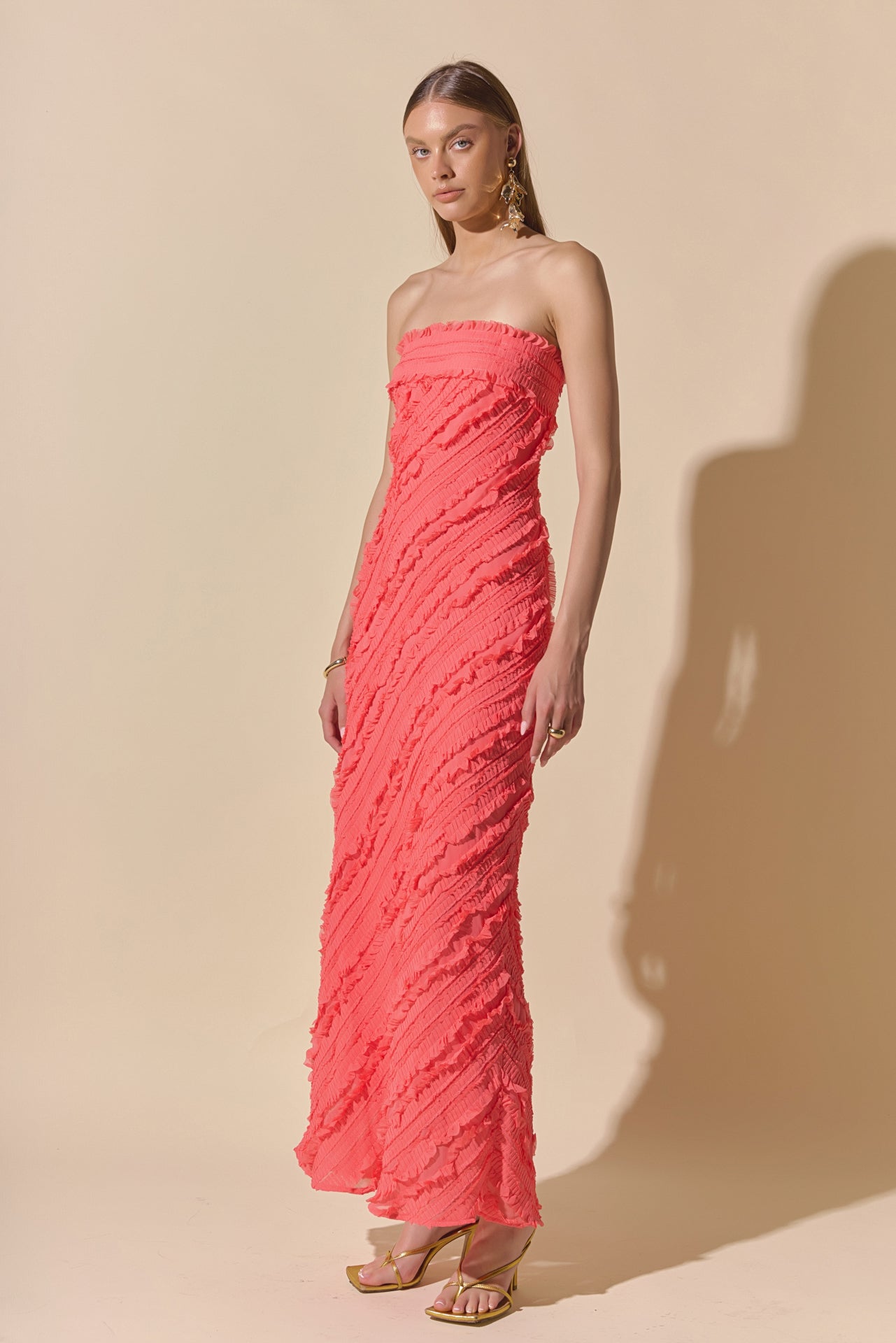 Strapless Ruffled Maxi Dress Pleated Chiffon Bias-Cut Lined Side-Zipper Evening