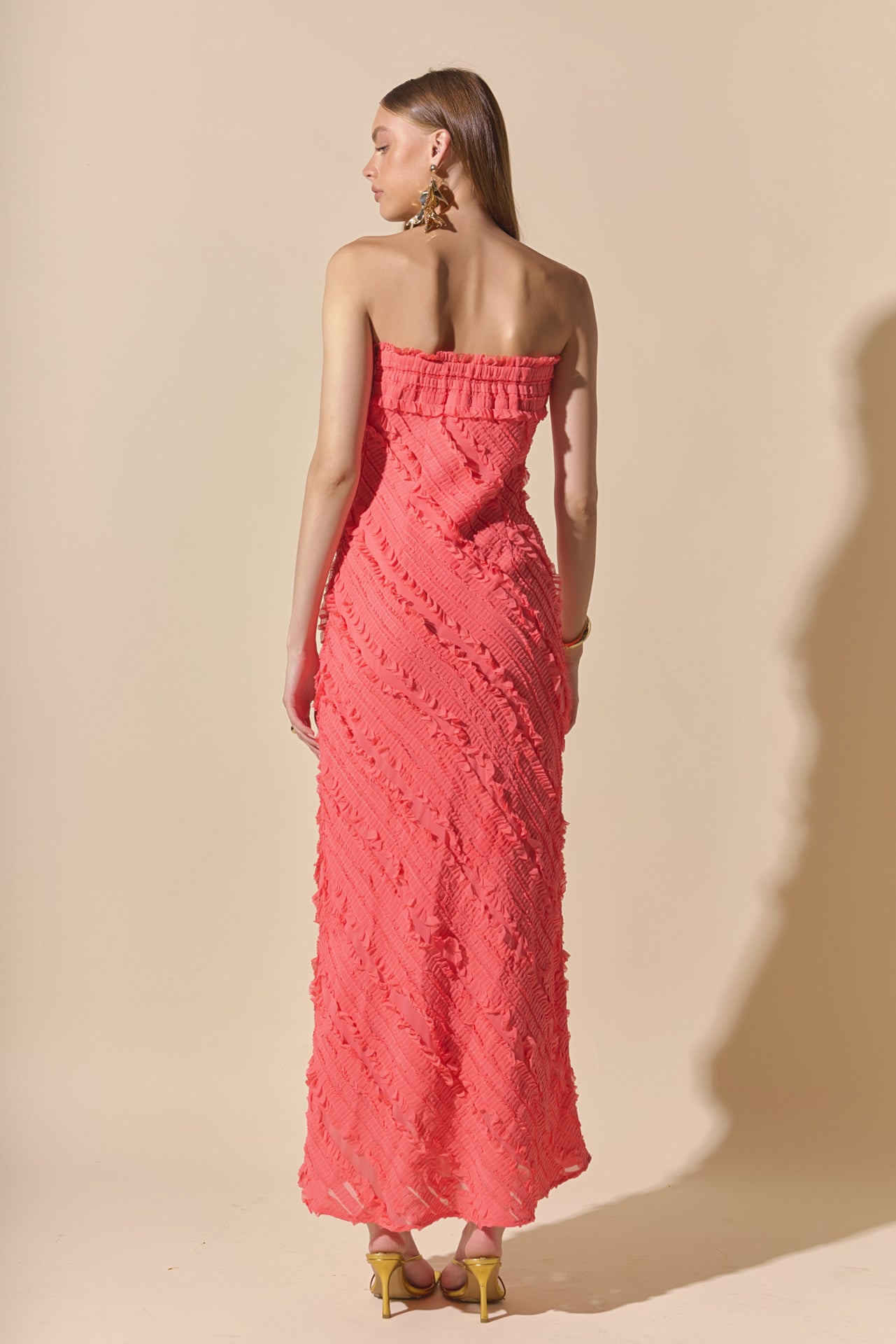 Strapless Ruffled Maxi Dress Pleated Chiffon Bias-Cut Lined Side-Zipper Evening