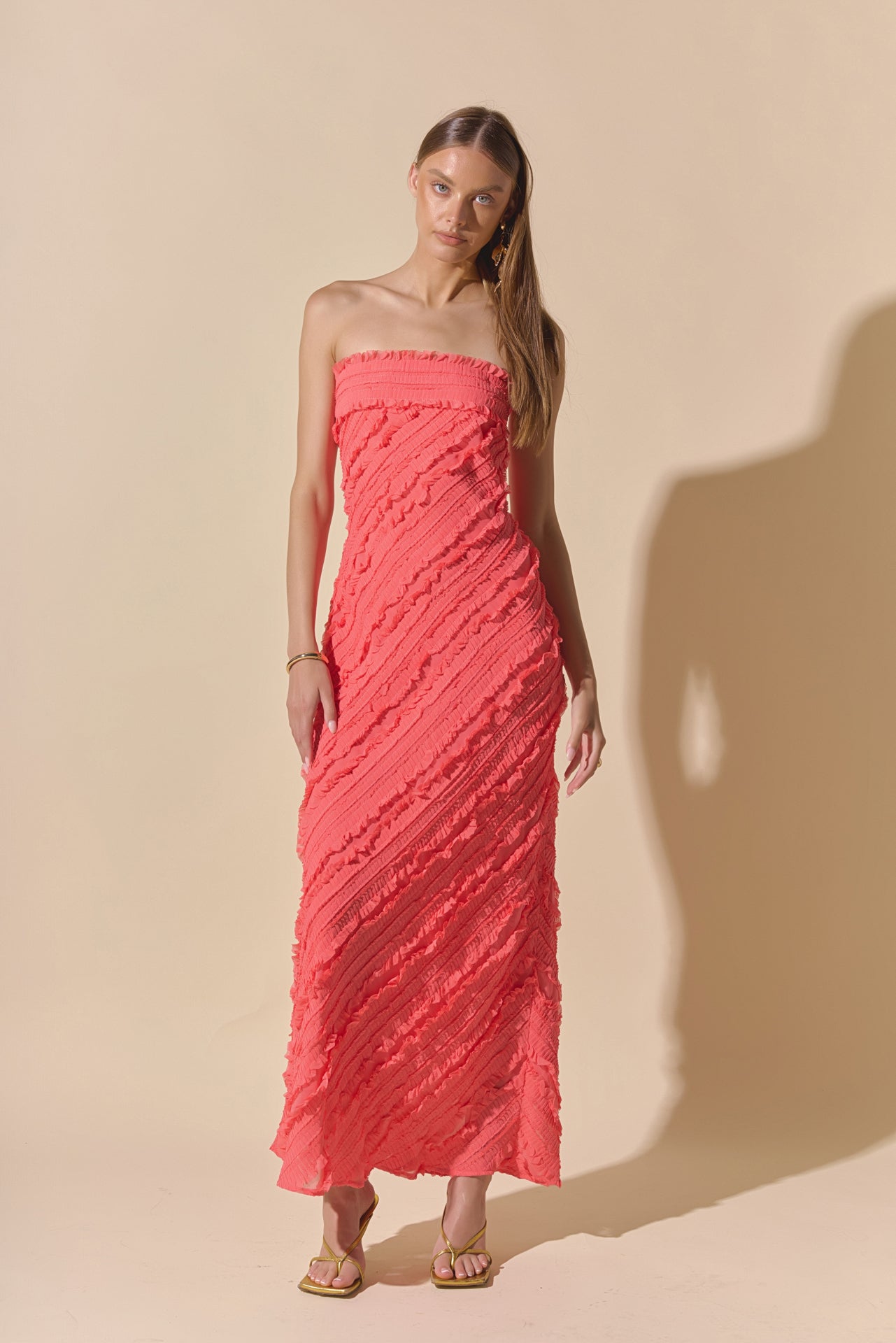Strapless Ruffled Maxi Dress Pleated Chiffon Bias-Cut Lined Side-Zipper Evening
