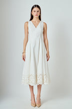 Embroidered Flounce Maxi Dress White Floral Scallop V-Neck Lined Sleeveless