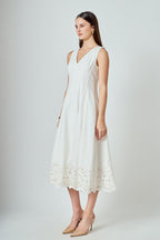 Embroidered Flounce Maxi Dress White Floral Scallop V-Neck Lined Sleeveless