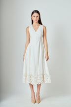 Embroidered Flounce Maxi Dress White Floral Scallop V-Neck Lined Sleeveless