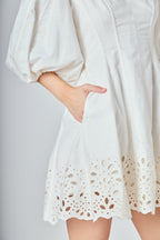 Embroidered Half Sleeve Mini Dress White Cotton Linen Scallop V-Neck