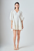 Embroidered Half Sleeve Mini Dress White Cotton Linen Scallop V-Neck