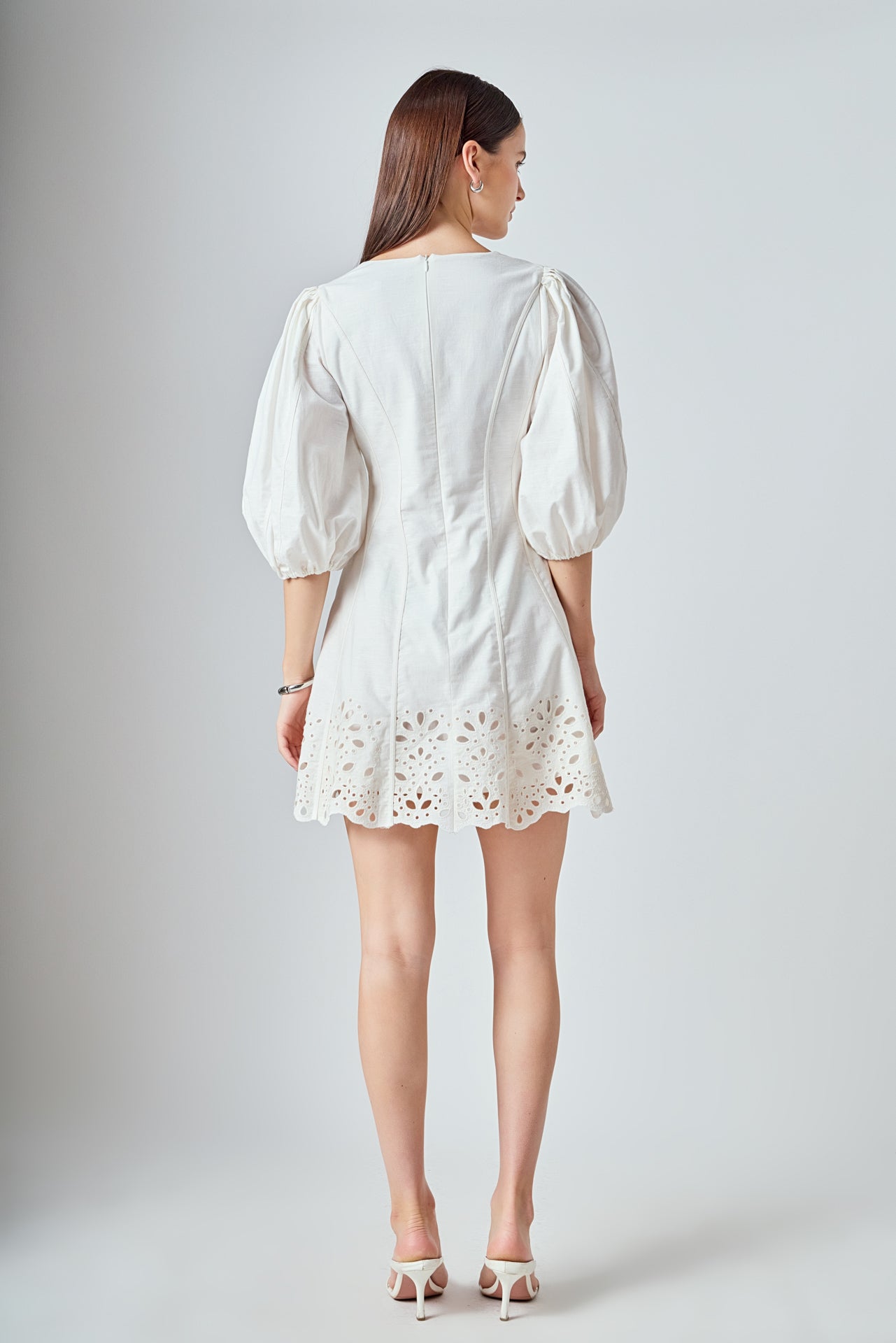 Embroidered Half Sleeve Mini Dress White Cotton Linen Scallop V-Neck
