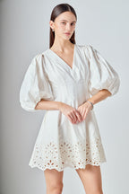 Embroidered Half Sleeve Mini Dress White Cotton Linen Scallop V-Neck