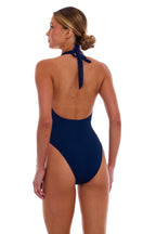 Amsterdam Deep Plunge One Piece Halter Open Back Swimsuit