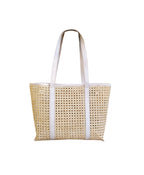 Audrey Rattan & Leather Tote Bag Bone White Handwoven Carryall