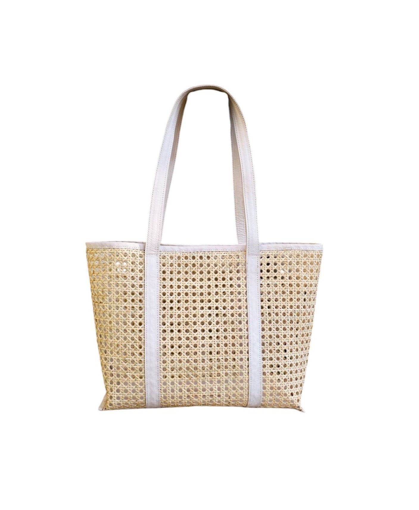 Audrey Rattan & Leather Tote Bag Bone White Handwoven Carryall