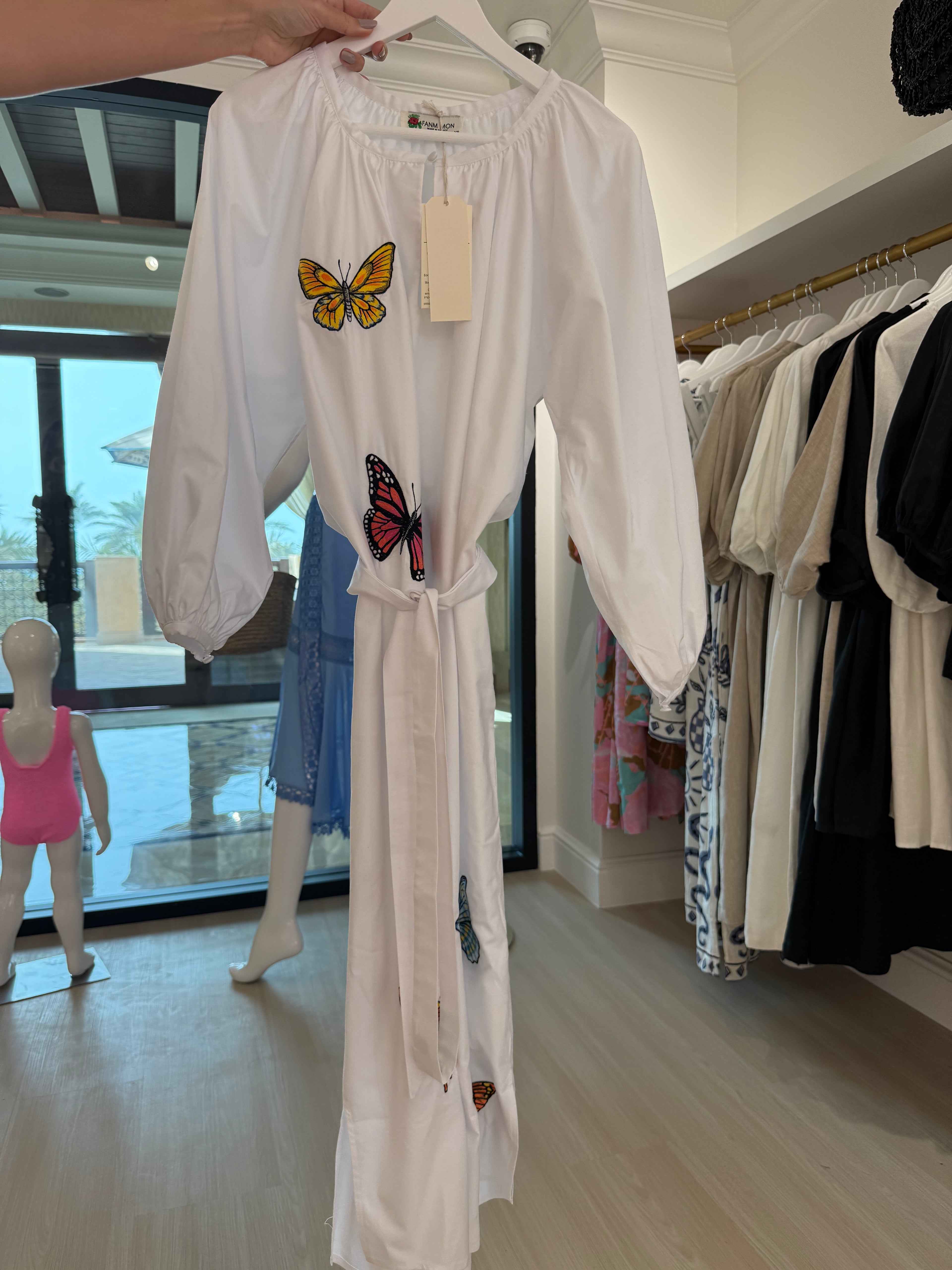 BERRA Exquisite Cotton Maxi Dress: Long Sleeves, Butterfly Embroidery, Detachable Waist Tie