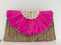FAYE PINK Feather & Cowrie Shell Clutch White Seagrass Handcrafted Bag