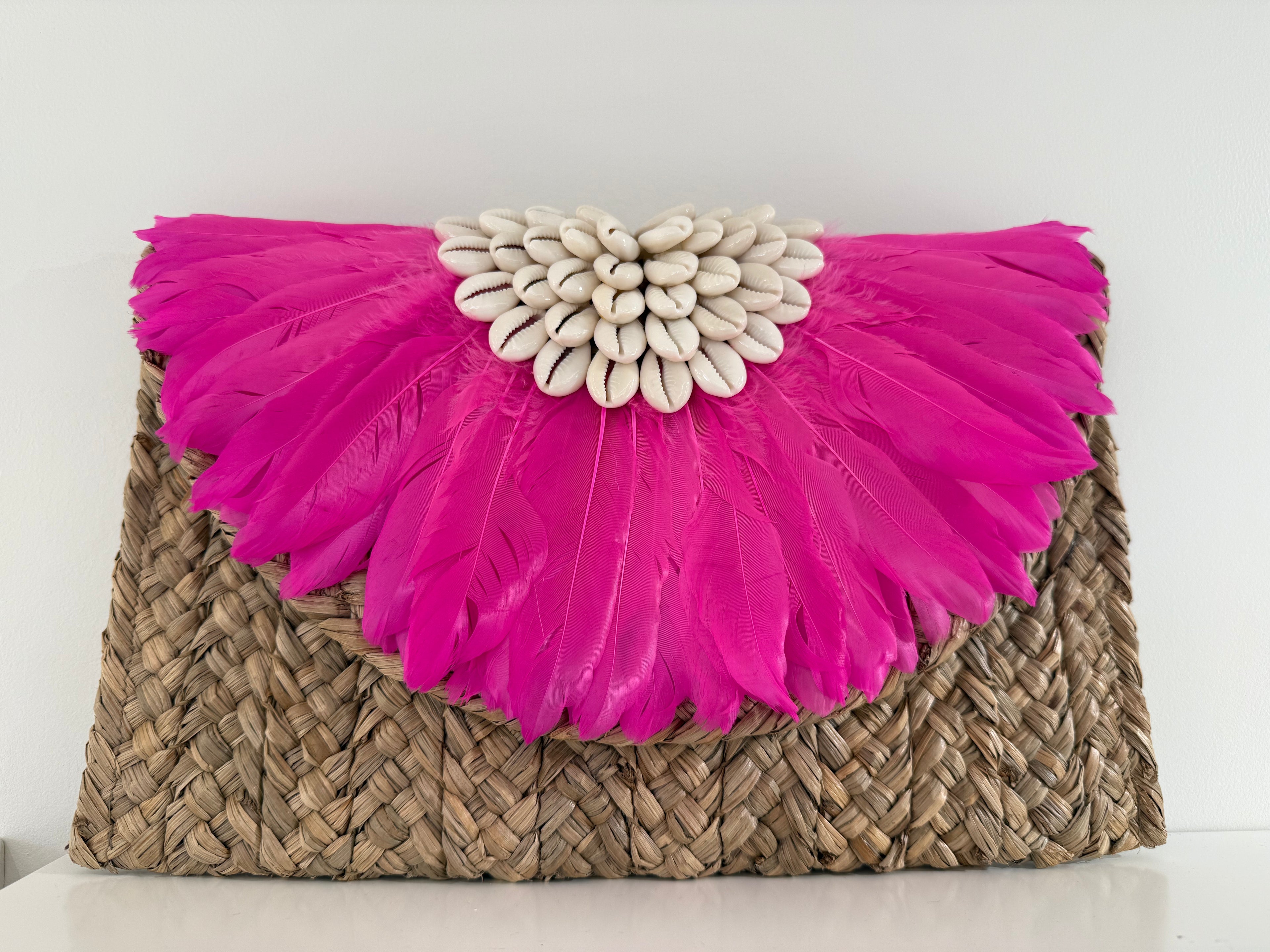 FAYE PINK Feather & Cowrie Shell Clutch White Seagrass Handcrafted Bag