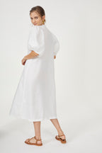 Bubble Linen Dress - White Elegant A-Line Mao Neck Balloon Sleeves
