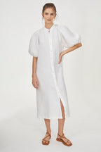 Bubble Linen Dress - White Elegant A-Line Mao Neck Balloon Sleeves