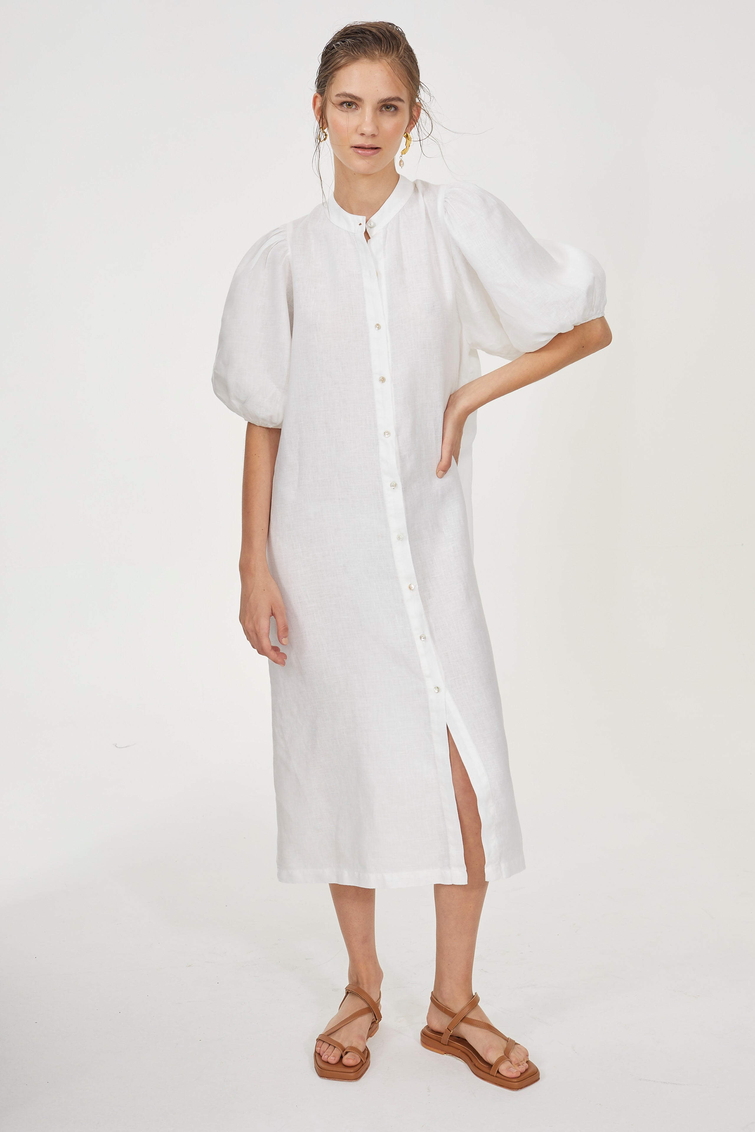 Bubble Linen Dress - White Elegant A-Line Mao Neck Balloon Sleeves