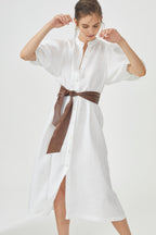 Bubble Linen Dress - White Elegant A-Line Mao Neck Balloon Sleeves