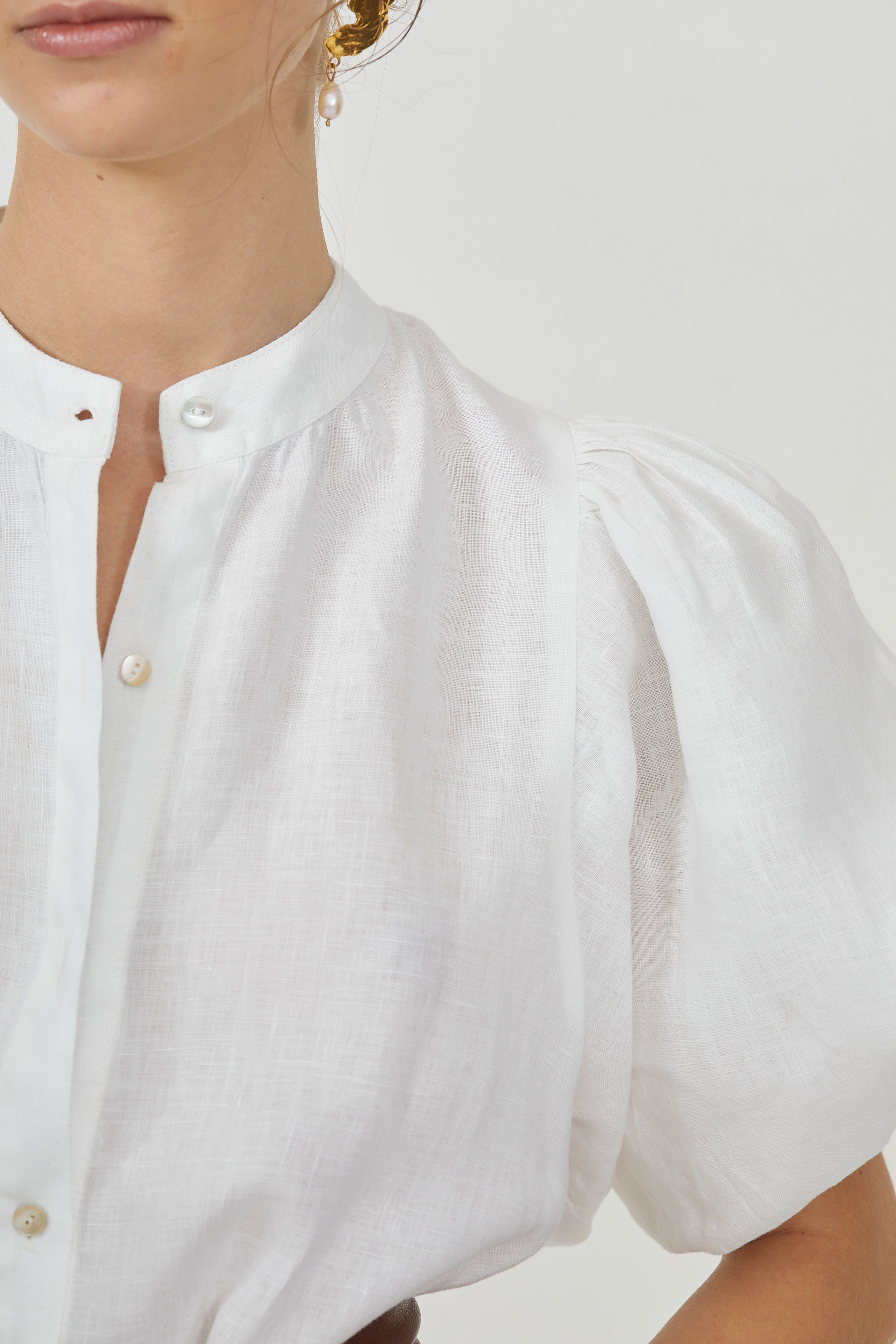 Bubble Linen Dress - White Elegant A-Line Mao Neck Balloon Sleeves