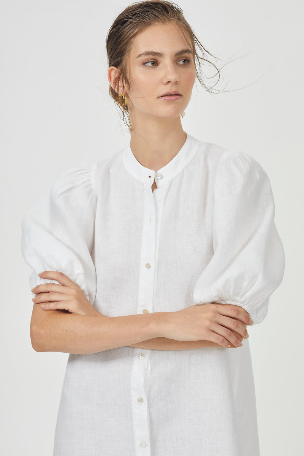 Bubble Linen Dress - White Elegant A-Line Mao Neck Balloon Sleeves