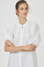 Bubble Linen Dress - White Elegant A-Line Mao Neck Balloon Sleeves