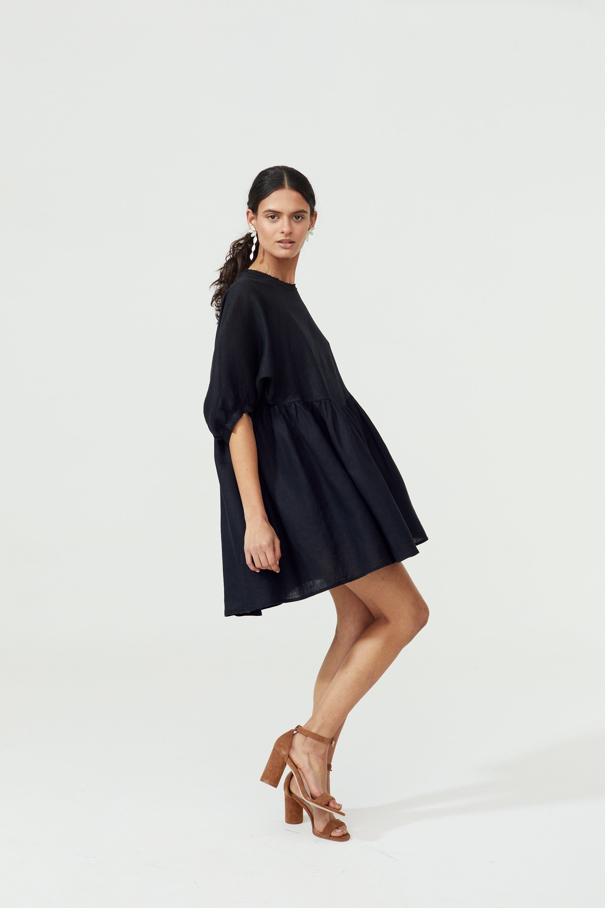 Alcala Linen Dress - Black Oversized Organic Mini Dress Puffed Sleeves