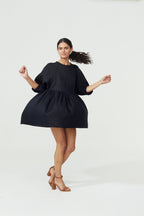 Alcala Linen Dress - Black Oversized Organic Mini Dress Puffed Sleeves