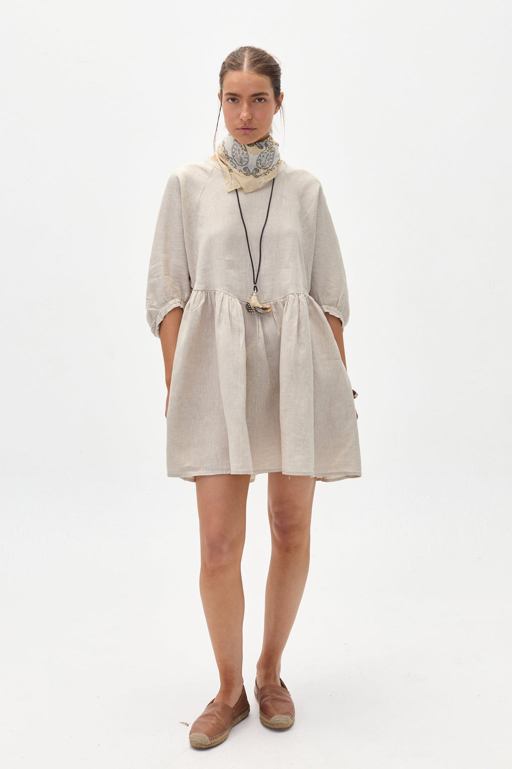 Alcala Linen Dress - Natural Oversized Dress with Puffed Sleeves
