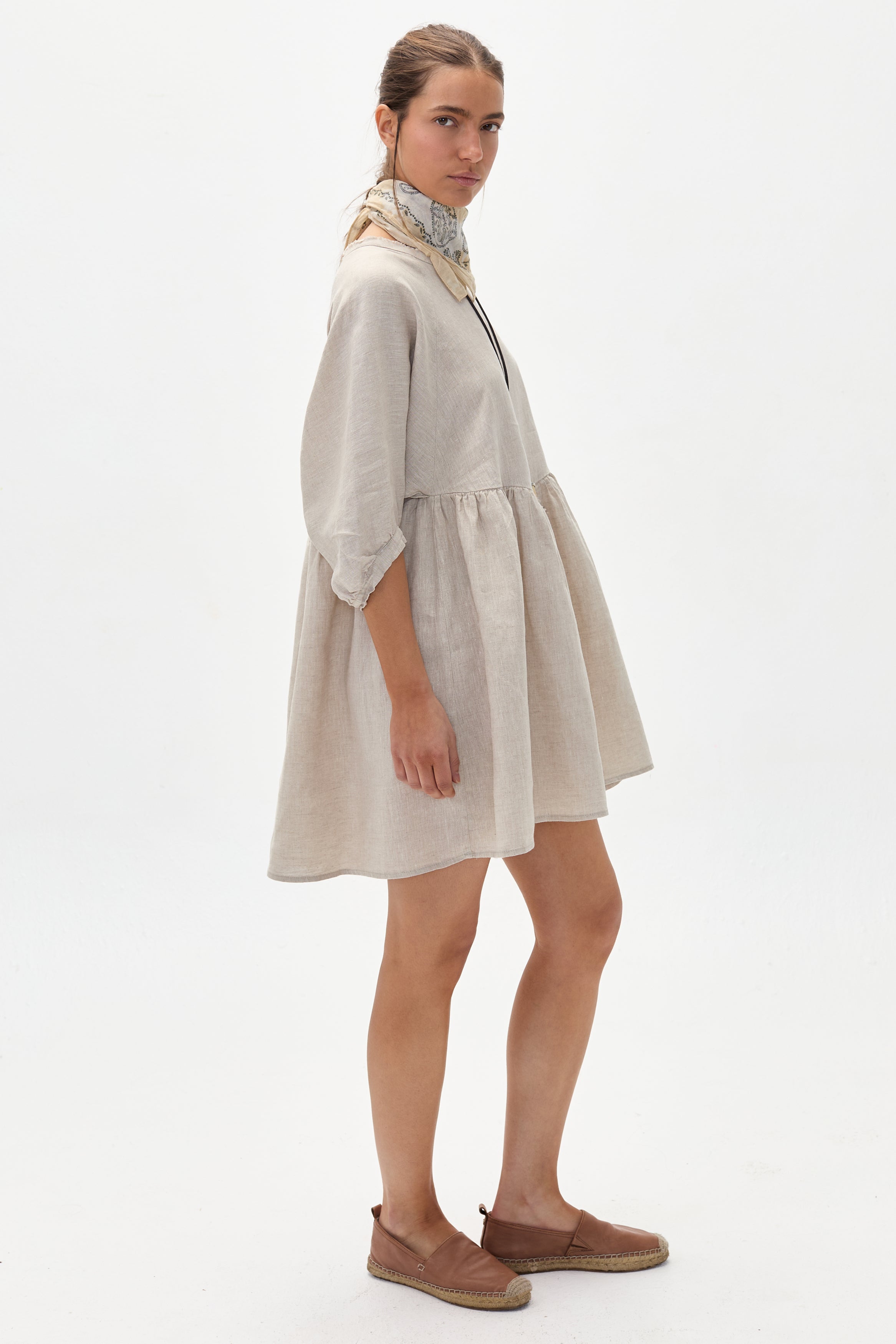 Alcala Linen Dress - Natural Oversized Dress with Puffed Sleeves