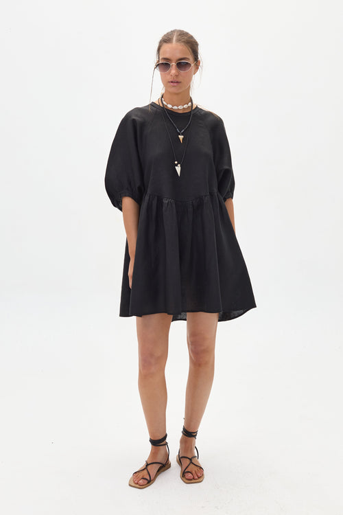 Alcala Linen Dress - Black Oversized Organic Mini Dress Puffed Sleeves