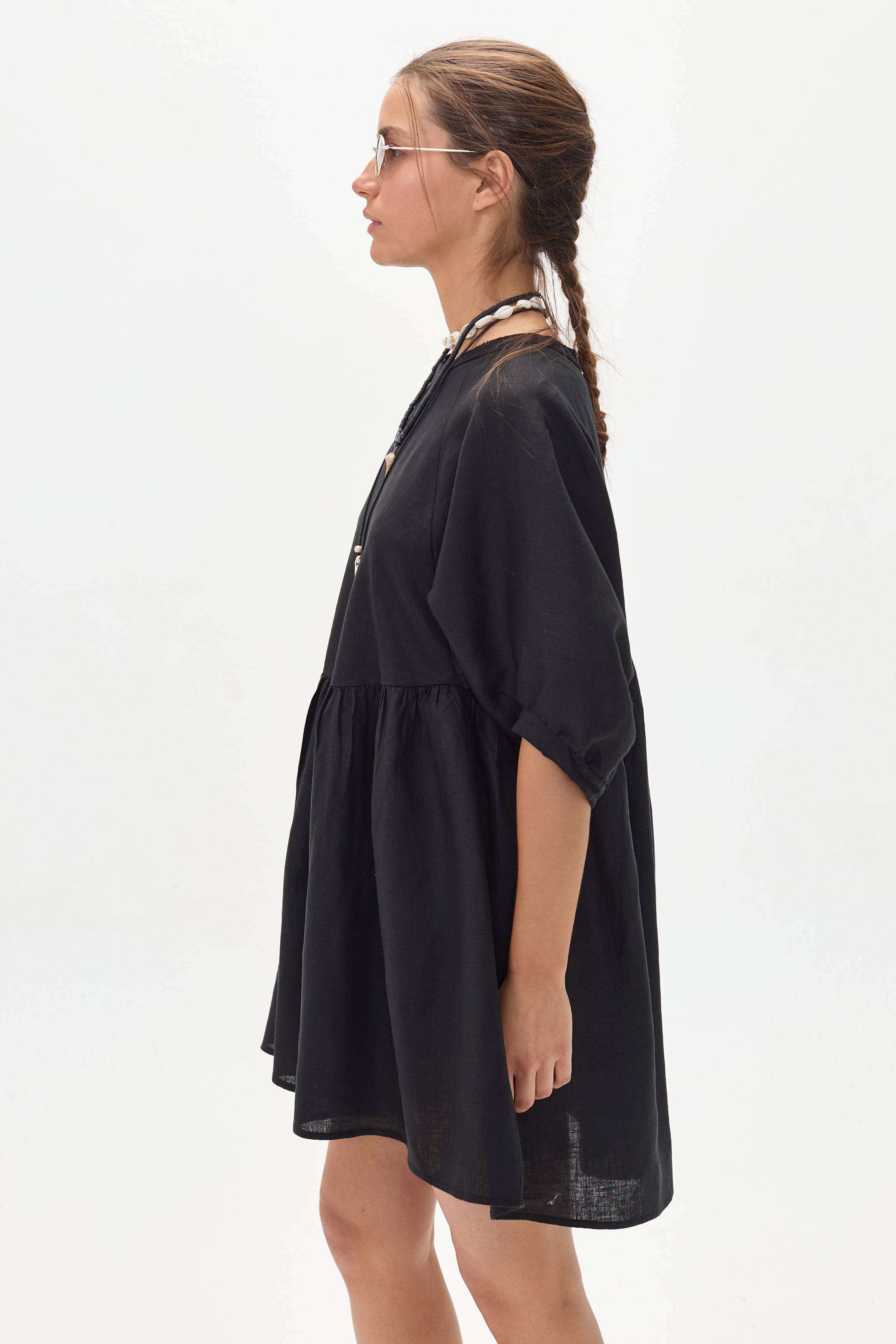 Alcala Linen Dress - Black Oversized Organic Mini Dress Puffed Sleeves