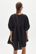 Alcala Linen Dress - Black Oversized Organic Mini Dress Puffed Sleeves