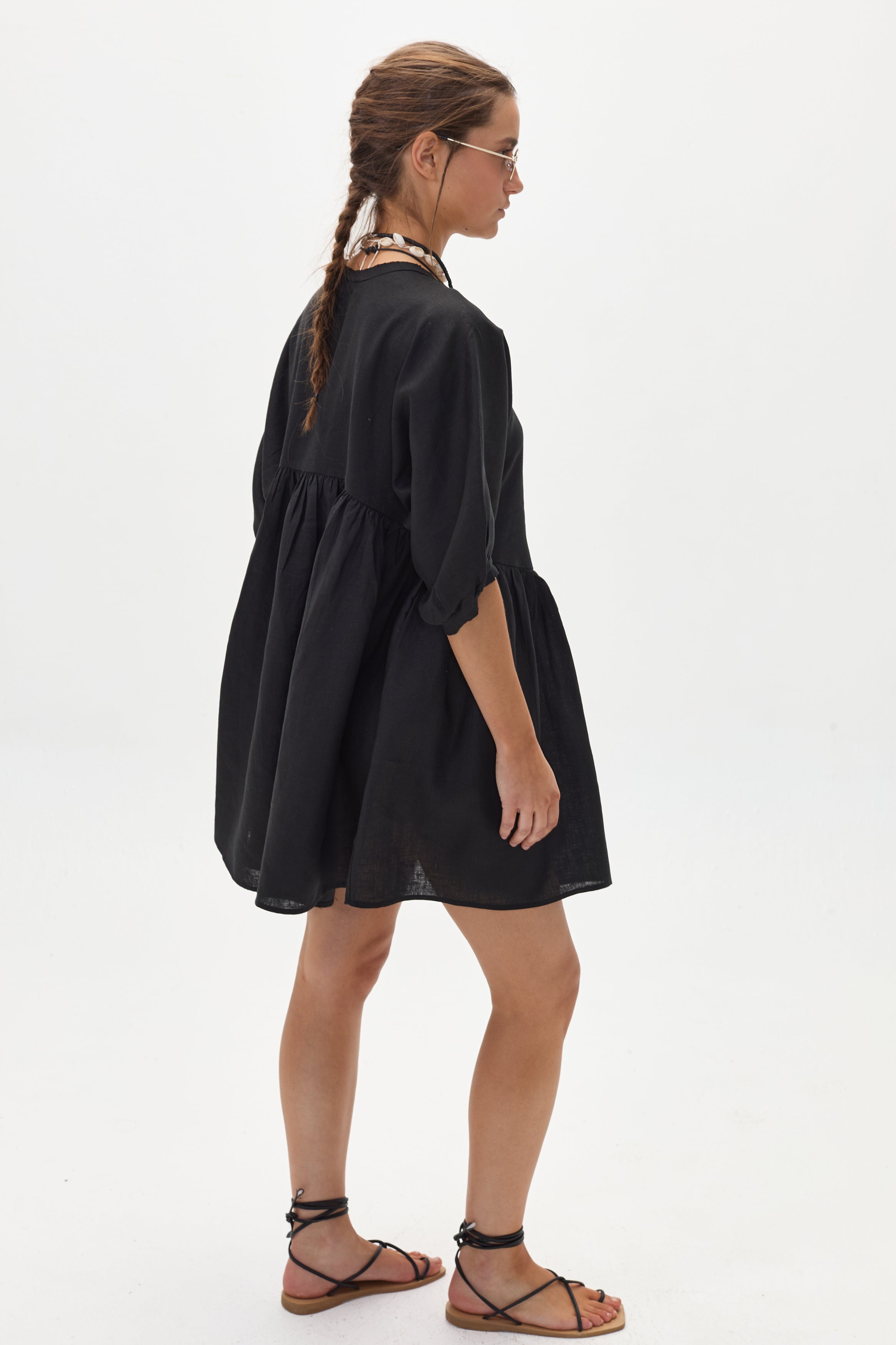 Alcala Linen Dress - Black Oversized Organic Mini Dress Puffed Sleeves