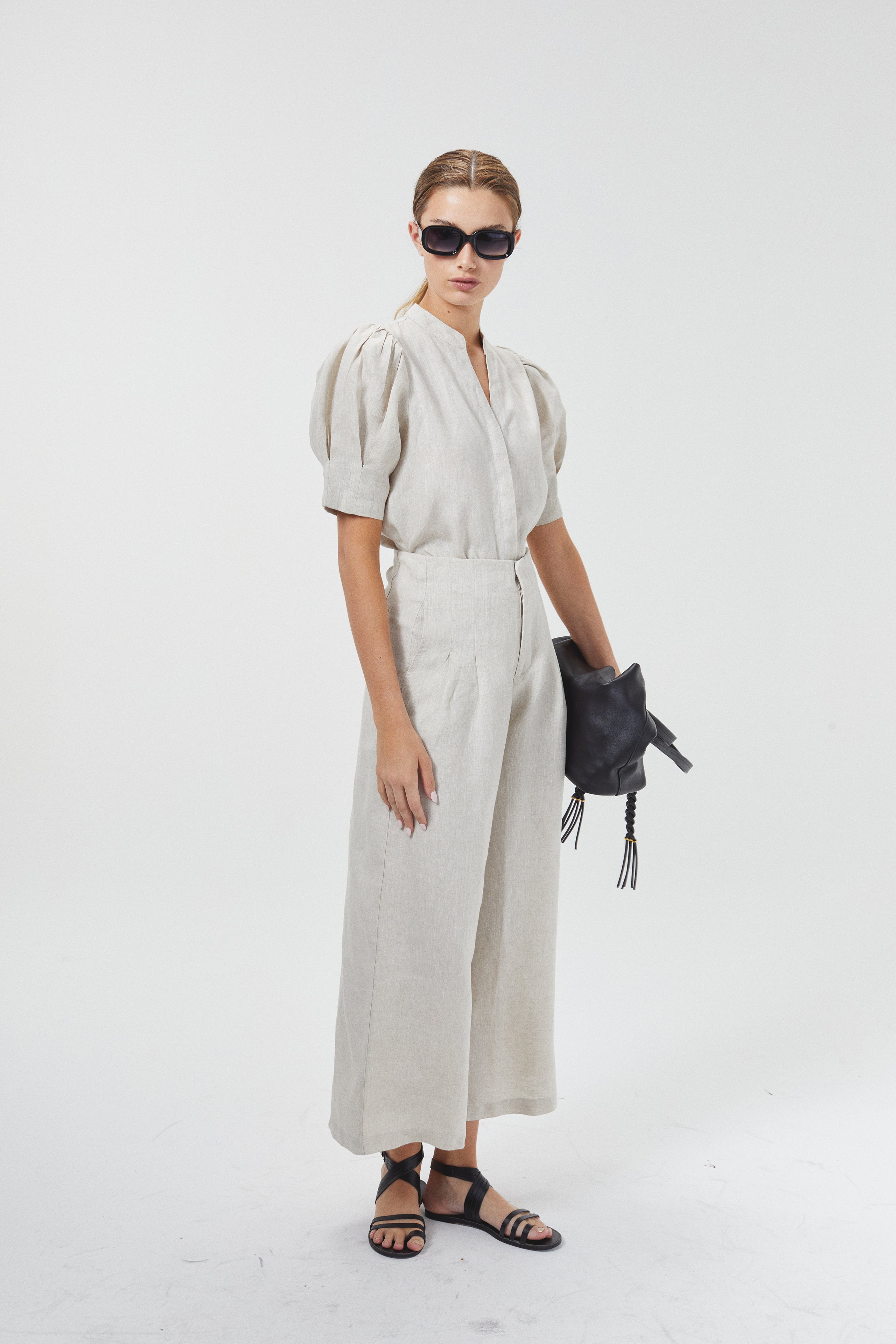 Culotte Linen Pants Natural High-Waisted 100% Organic Linen Wide-Leg