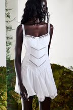 Lira Short Dress Cotton Voile Heart-Neck Embroidered Flared Skirt