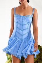 Lira Short Dress Cotton Voile Heart-Neck Embroidered Flared Skirt
