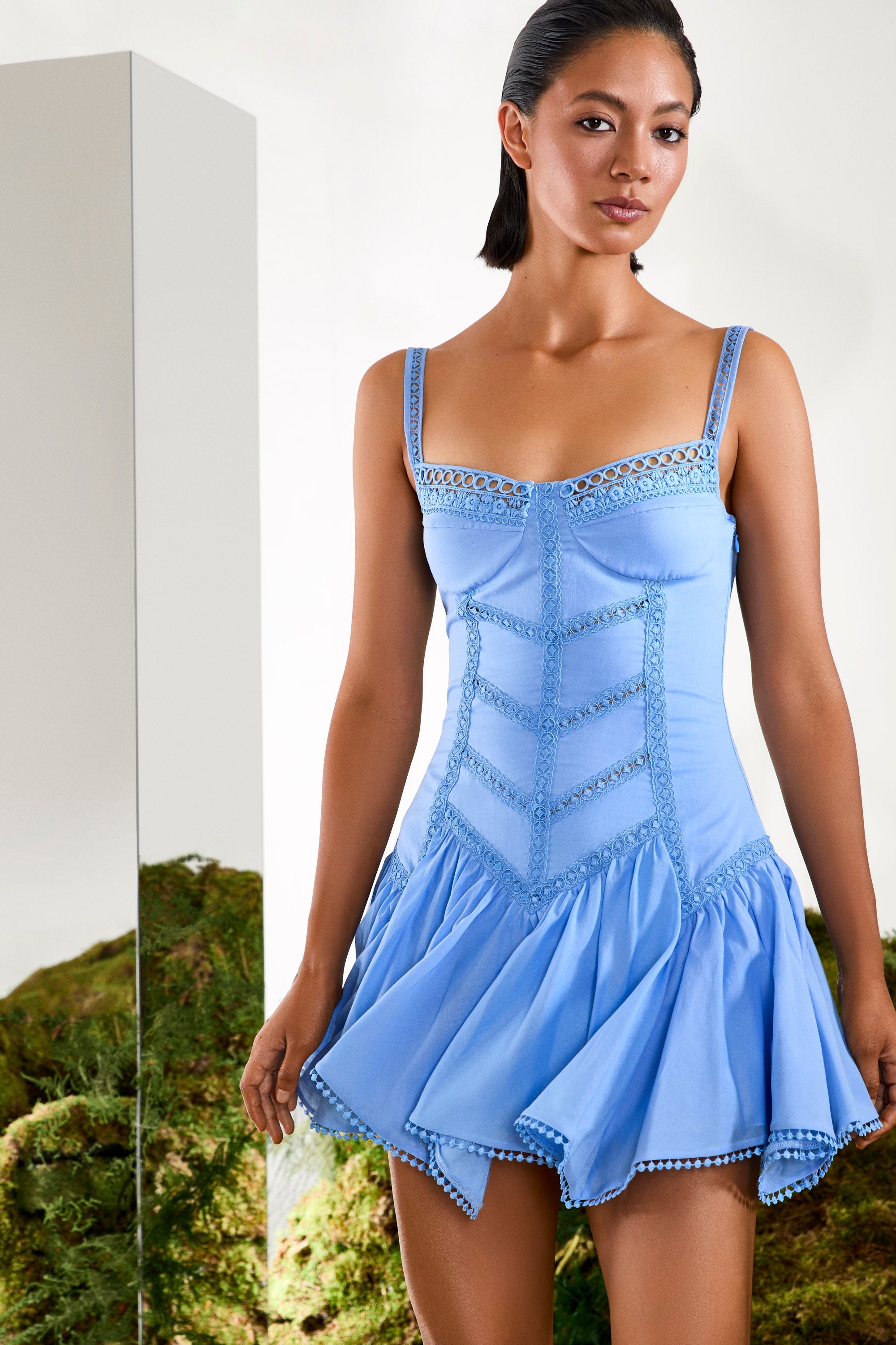 Lira Short Dress Cotton Voile Heart-Neck Embroidered Flared Skirt