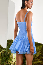 Lira Short Dress Cotton Voile Heart-Neck Embroidered Flared Skirt