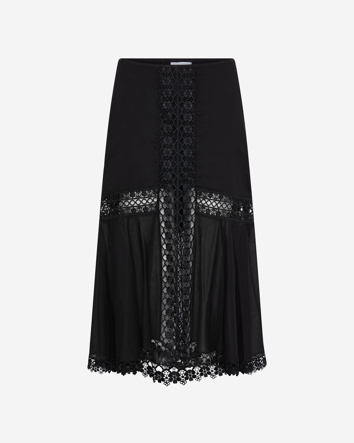 Clair Long Cotton Voile Midi Skirt with Lace Panels