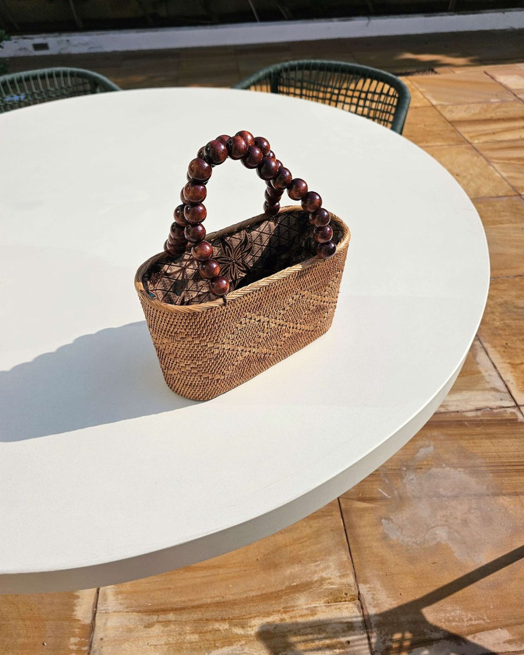 Lucia Rattan Tote Bag with Wooden Bead Handle and Drawstring